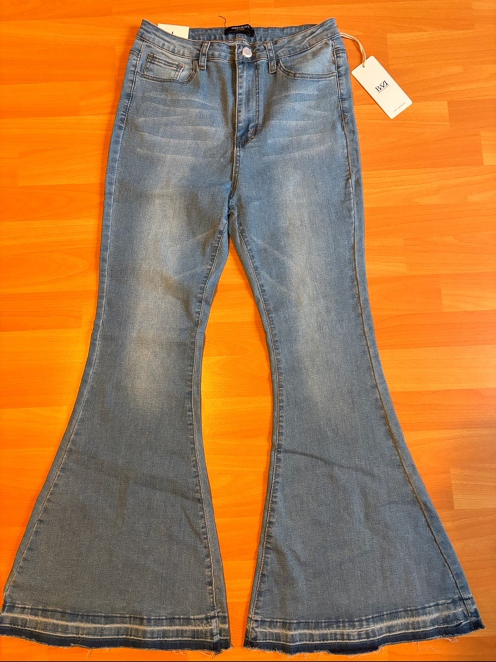 NEW American Bazi large, high rise flare denim blue jeans, 3% spandex